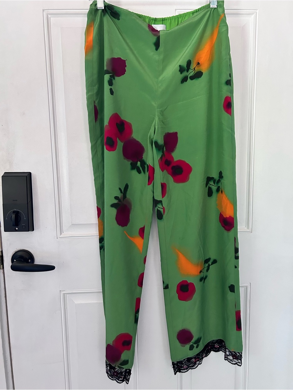 Green Floral Wide-Leg Pants with Lace Trim